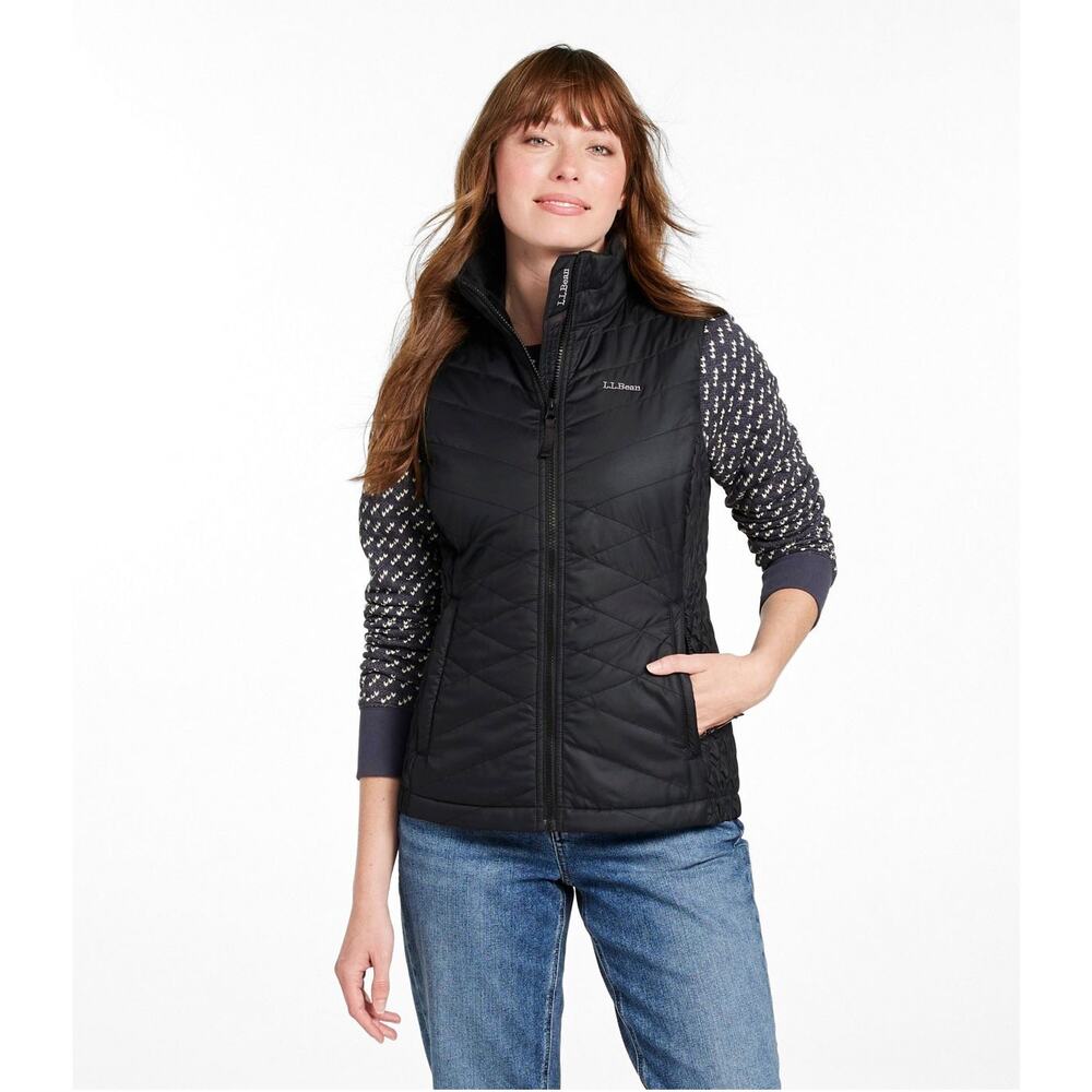 L.L.Bean Vest Womens Black Fleece Lined Quilted PrimaLoft Zip Pockets Size SP